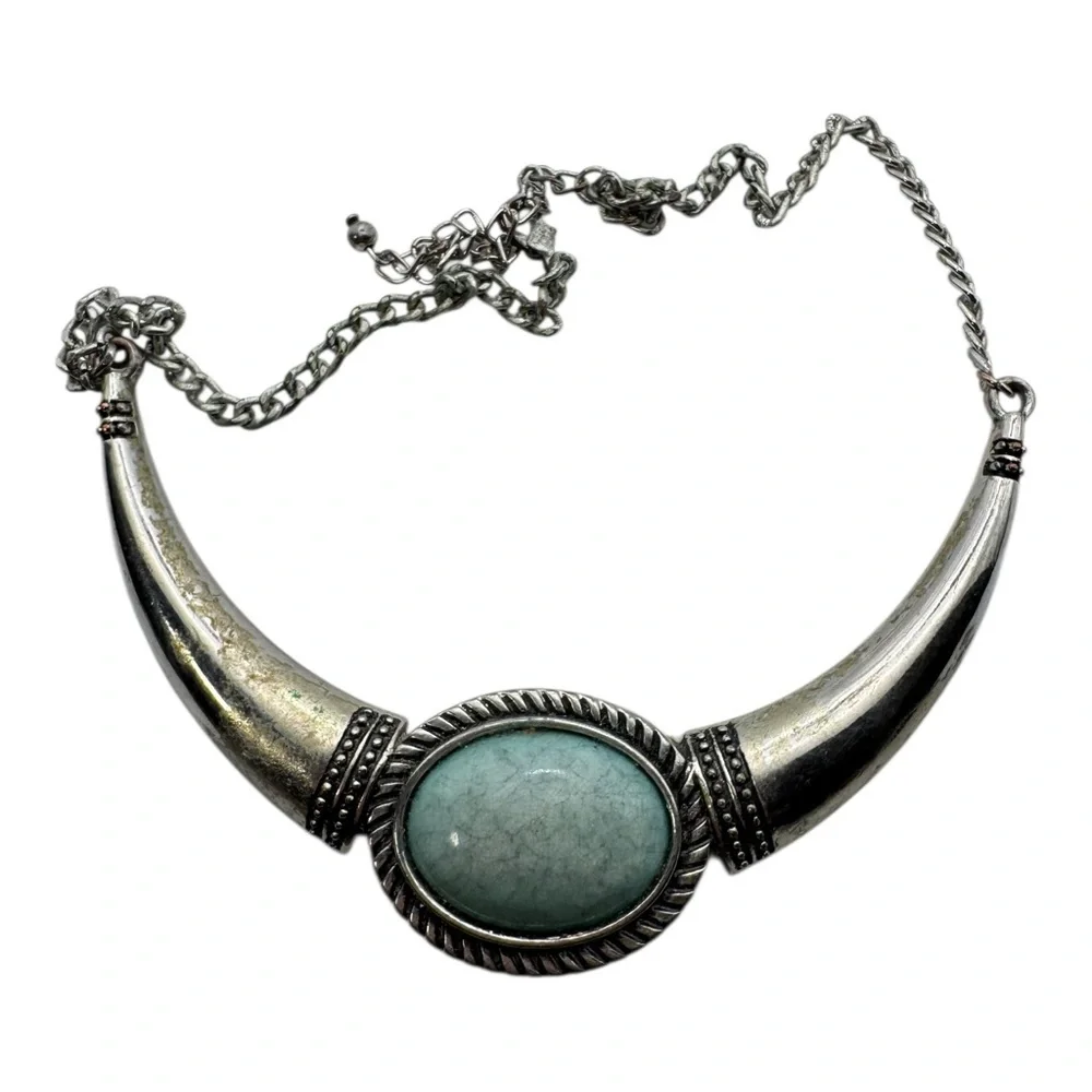Vintage Silver-Tone Crescent Collar Necklace w/ Blue Crackle Cabochon - Picture 1 of 7
